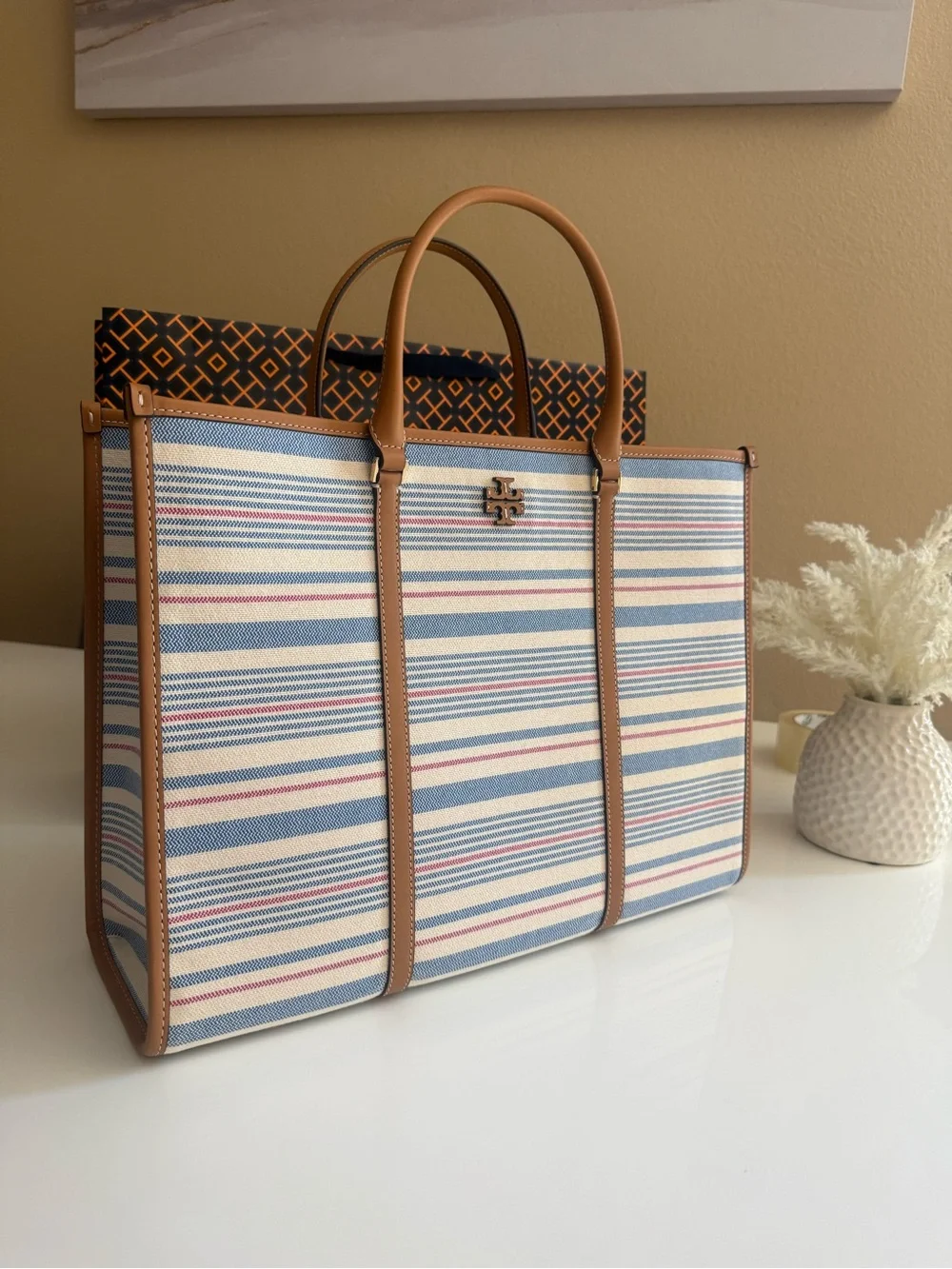 NWT, tory burch blake stripe canvas jumbo large tote multi walnut $550